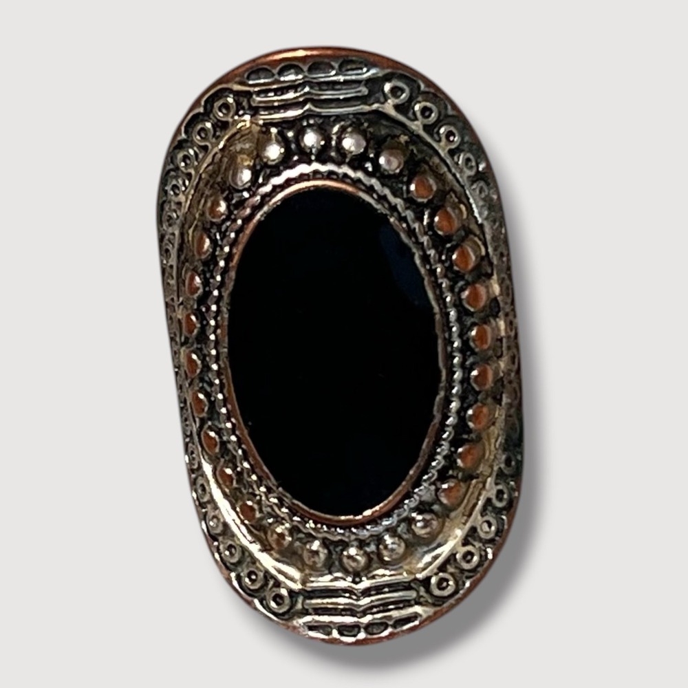 Vintage Bronze Tone Black Stone Ring Size 6.75 Oval Solitaire Statement Jewelry